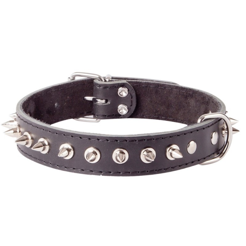 DINGO Obroża skórzana z kolcami - czarna 4cm x 75cm (56-66cm)