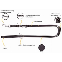 DINGO Smycz skórzana (przedłużana nitowana) - czarna 1,8cm x 110-200cm