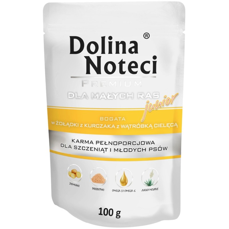 DOLINA NOTECI Premium Małe Rasy Junior - żołądki z kurczaka, wątróbka cielęca (saszetka) 12x 100g