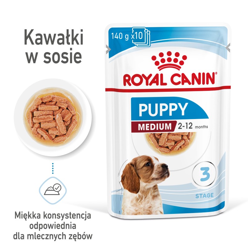 ROYAL CANIN Medium Puppy karma mokra w sosie dla szczeniąt ras średnich, do 12 miesiąca 10x 140g