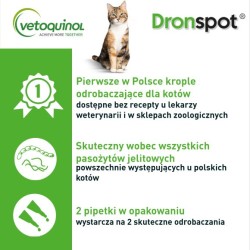VETOQUINOL Dronspot 60 mg / 15 mg dla średnich kotów o wadze 2,5 do 5 kg (2 pipety)