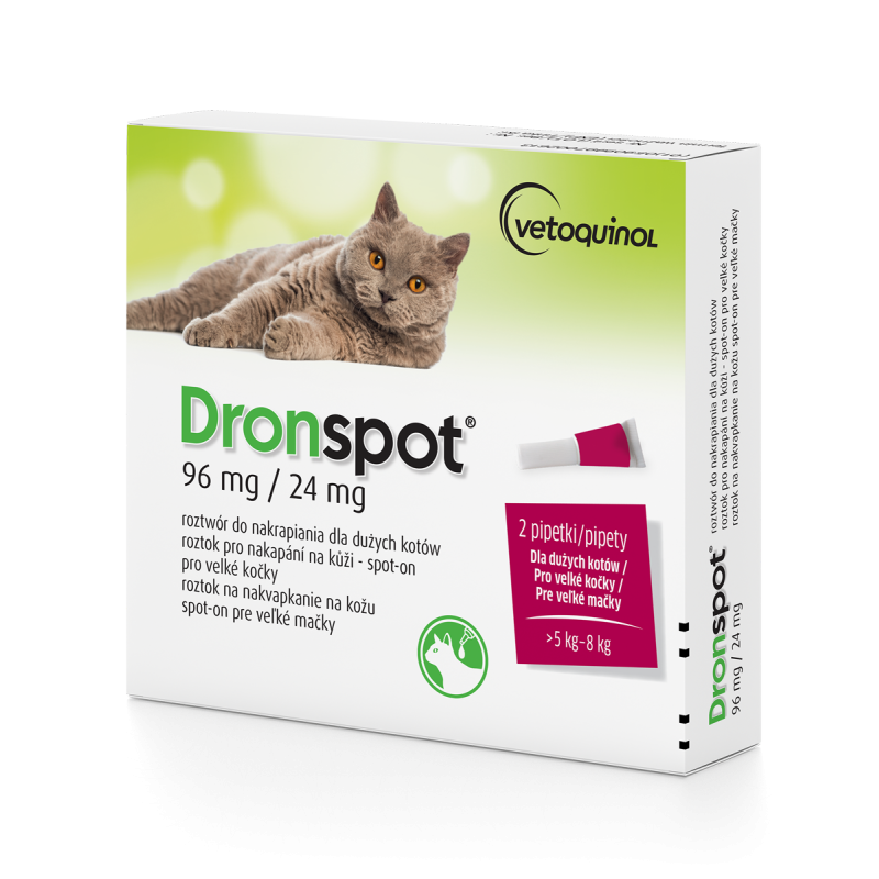 VETOQUINOL Dronspot 96 mg / 24 mg dla dużych kotów o wadze 5 do 8 kg (2 pipety)