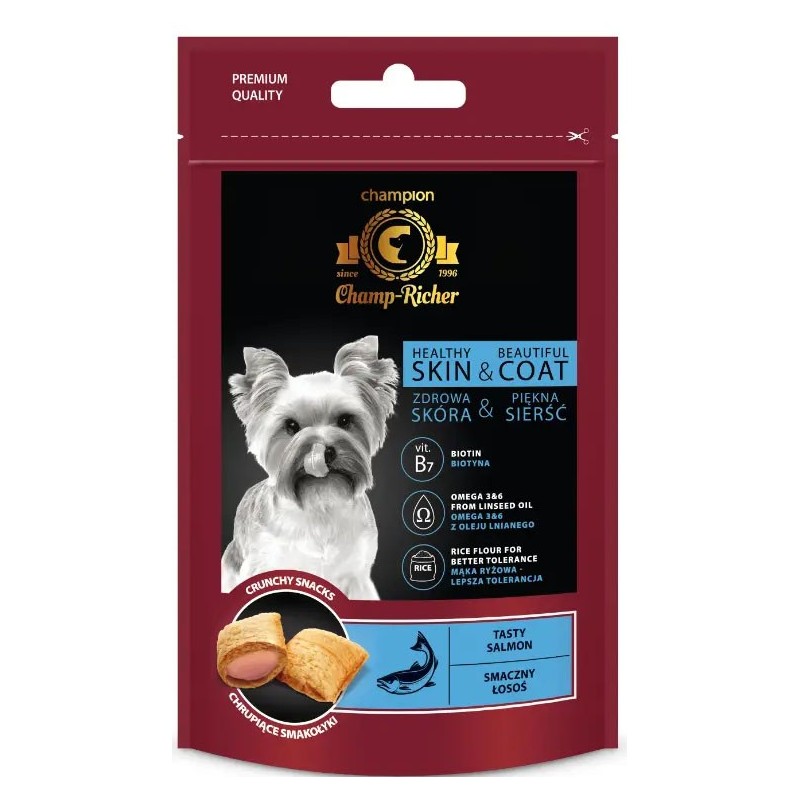 CHAMP-RICHER Smakołyki skóra i sierść z łososiem 90g