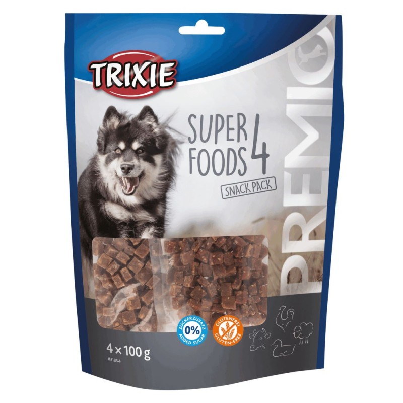 TRIXIE Przysmaki Premio 4 Superfoods, kurczak, kaczka, wołowina, jagnięcina, 4× 100 g
