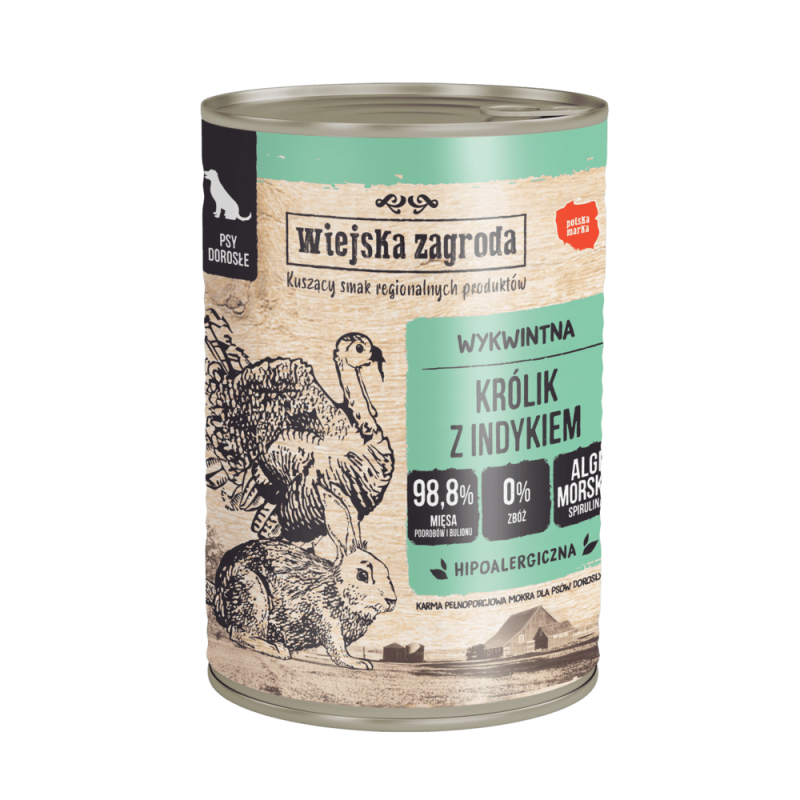 WIEJSKA ZAGRODA dla psa - Królik z indykiem (puszka) 800g