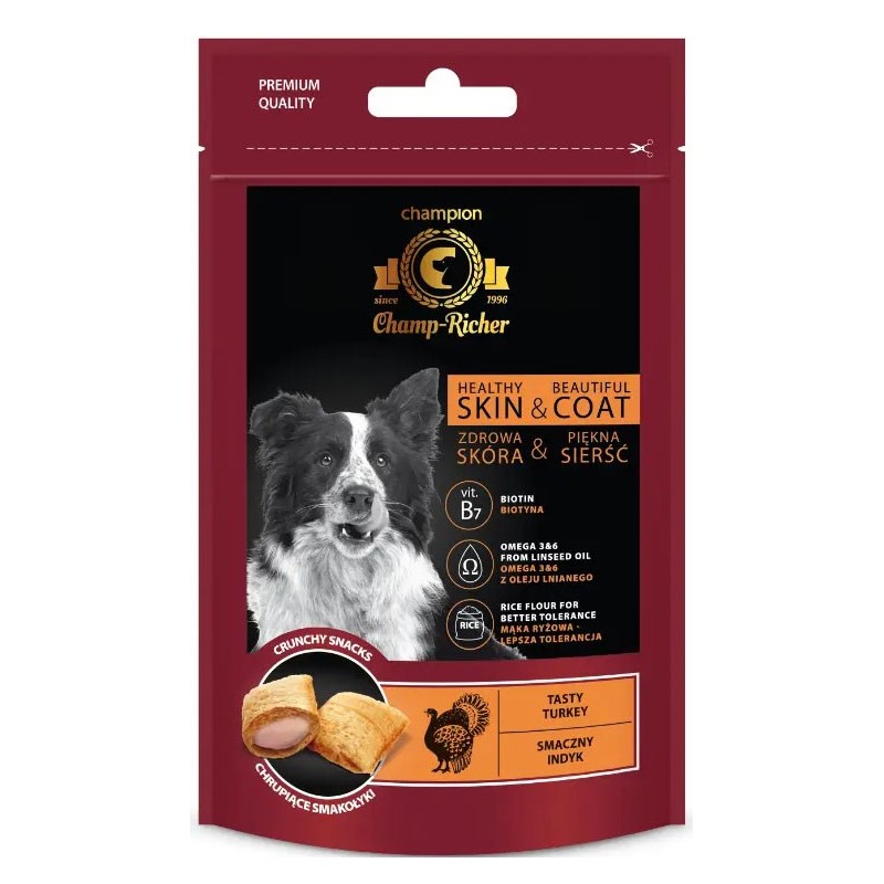 CHAMP-RICHER Smakołyki skóra i sierść z indykiem 90g