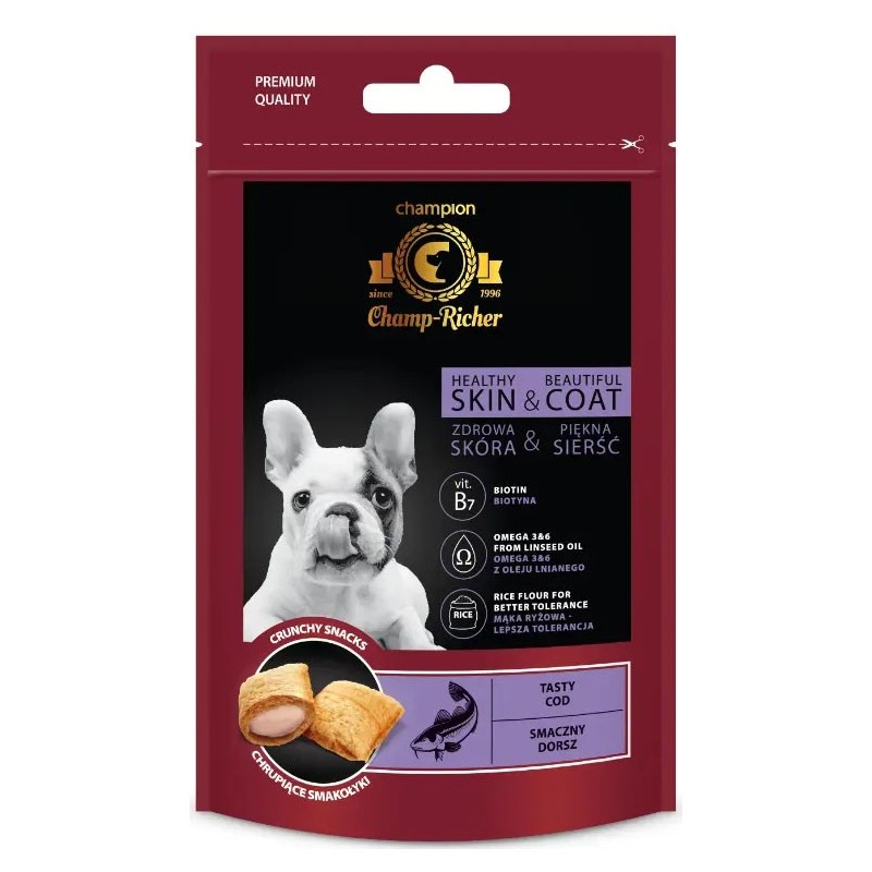 CHAMP-RICHER Smakołyki skóra i sierść z dorszem 90g