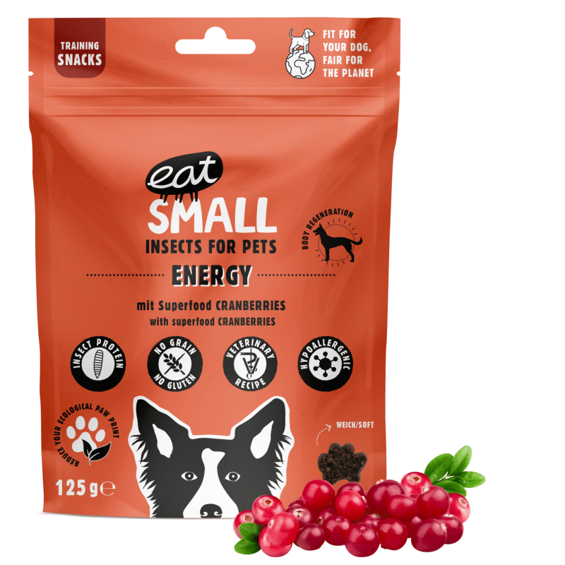 EAT SMALL Energy przysmaki treningowe z owadów żurawina 125g
