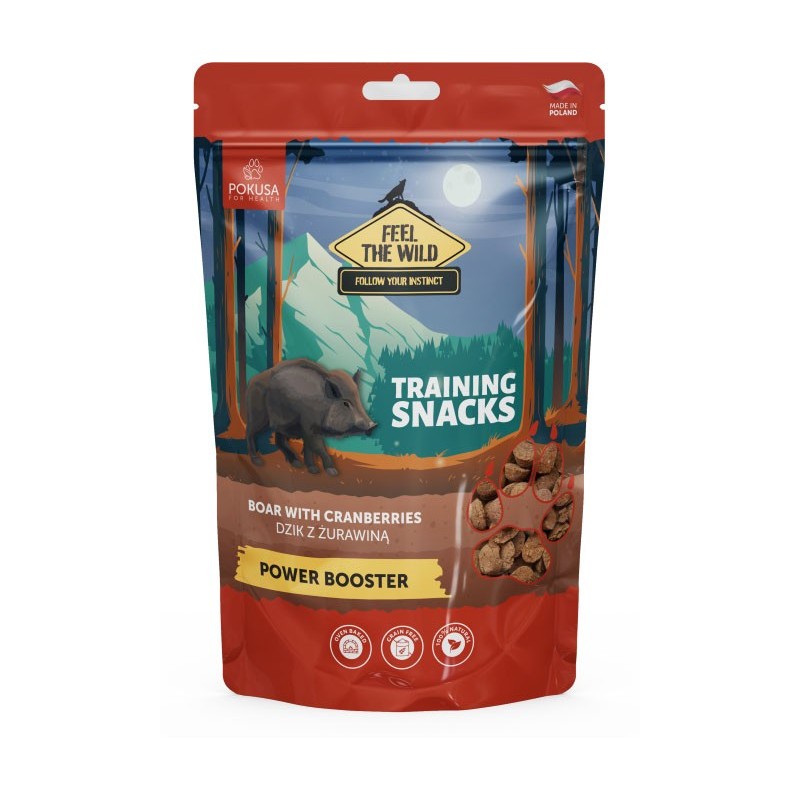 POKUSA FEEL THE WILD Smaczki treningowe Power Booster - dzik z żurawiną 200g