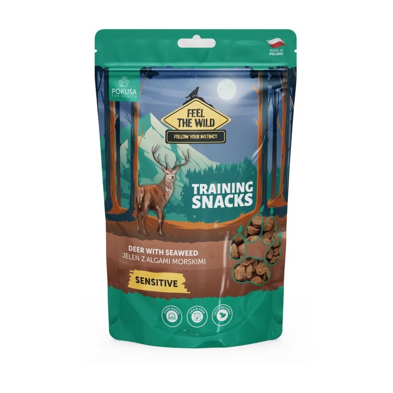 POKUSA FEEL THE WILD Smaczki treningowe Sensitive - jeleń z algami 200g