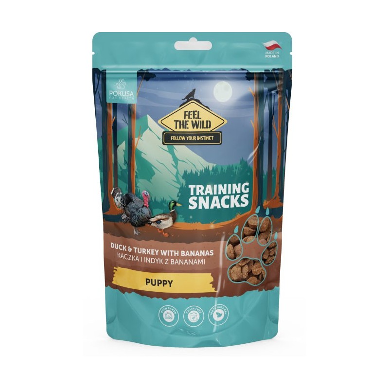 POKUSA FEEL THE WILD Smaczki treningowe Puppy - kaczka i indyk z bananami 200g
