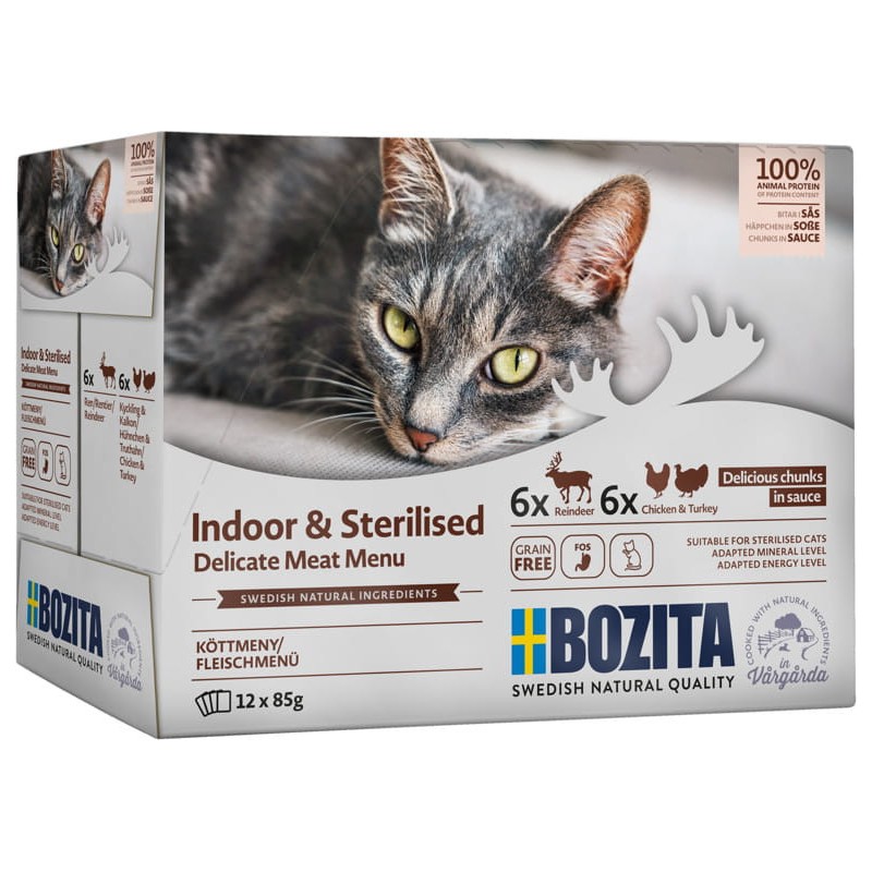 BOZITA Indoor and Sterilised Kawałeczki w sosie z kurczakiem i indykiem oraz reniferem - mokra karma dla kotów 12x 85g(multibox)
