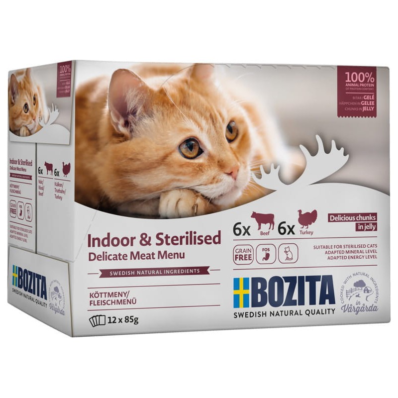 BOZITA Indoor and Sterilised Kawałeczki w galaretce z wołowiną oraz indykiem - mokra karma dla kotów 12x 85g (multibox)