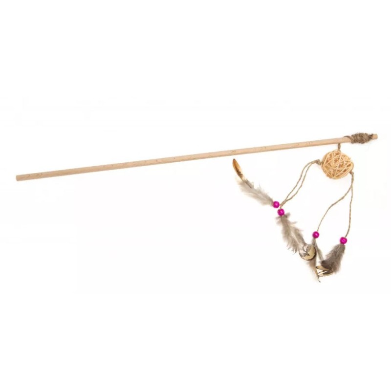 ECOMFY Zabawka wędka Gaia z piłką z rattanu, koralikami i piórkami 50 cm