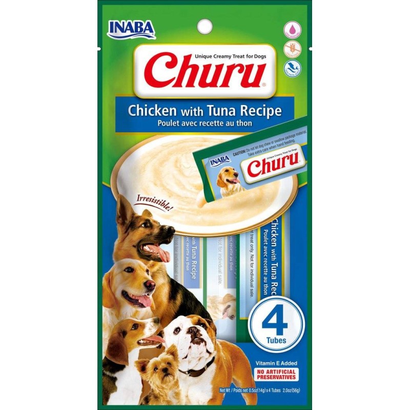INABA Dog Churu 4P kremowe przekąski o smaku kurczaka z tuńczykiem 4x14g (56g)