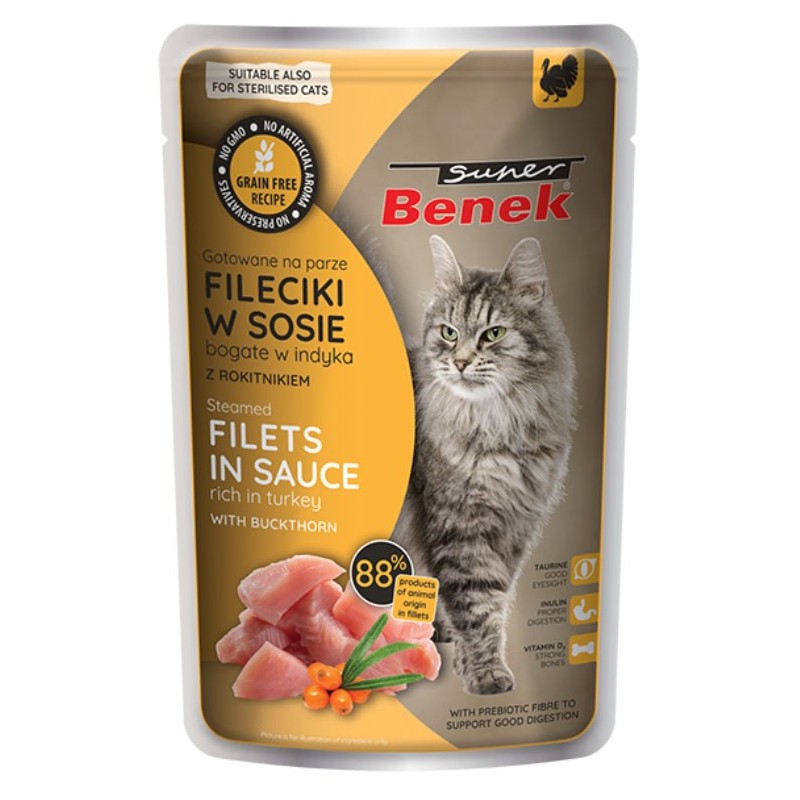 SUPER BENEK Bezzbożowe fileciki z indyka z rokitnikiem w sosie 85g