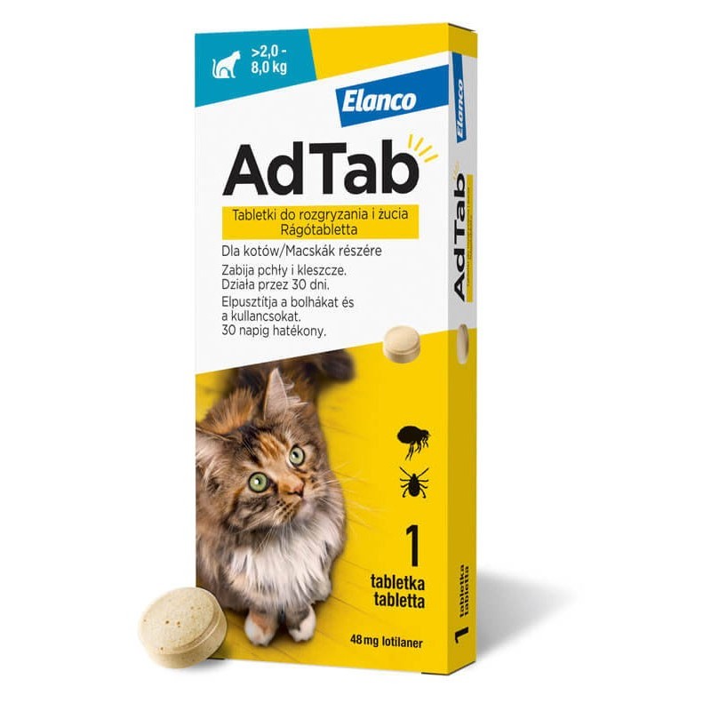 ELANCO AdTab Cat 2,0 - 8,0 kg / 1 tabl. (48 mg) - tabletka na pchły i kleszcze