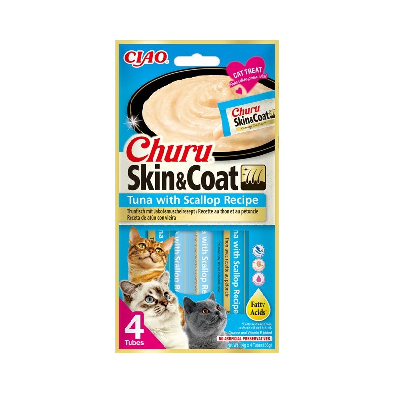 INABA CAT CHURU SKIN & COAT tuńczyka z przegrzebkiem 4x14g (56g)