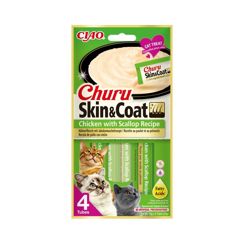 INABA CAT CHURU SKIN & COAT kurczak z przegrzebkiem 4x14g (56g)