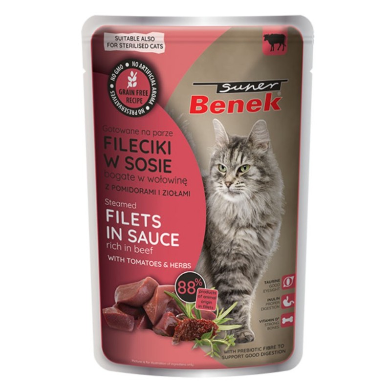 SUPER BENEK Bezzbożowe fileciki z wołowiną i pomidorami w sosie 85g