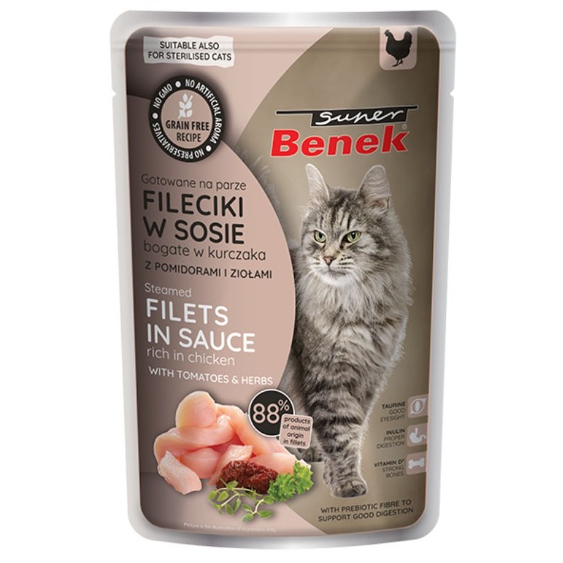 SUPER BENEK Bezzbożowe fileciki kurczaka z pomidorami i ziołami w sosie 85g