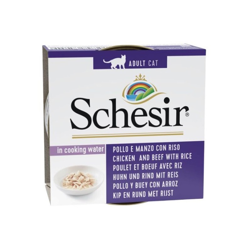 SCHESIR Cat Filety z kurczaka z wołowiną i ryżem 85g (puszka)
