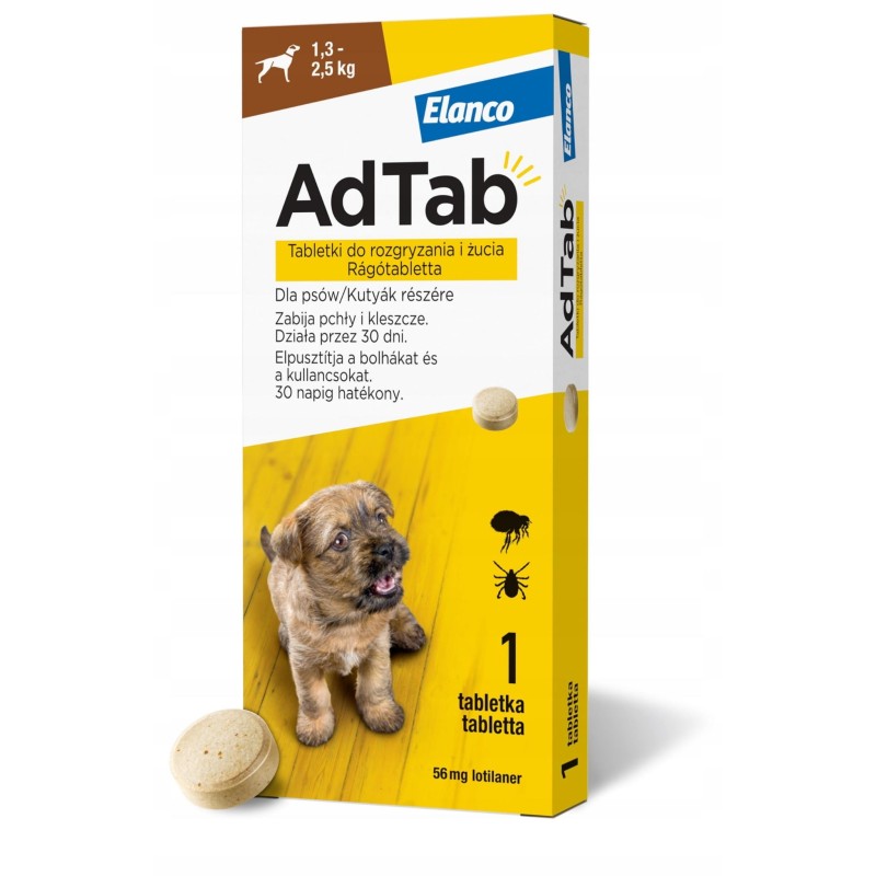 ELANCO AdTab 1,3 - 2,5 kg / 1 tabl. (56 mg) - tabletka na pchły i kleszcze PROMO Krótki termin