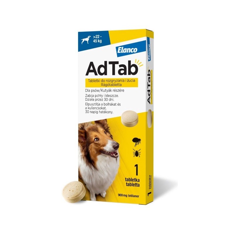 ELANCO AdTab 22 - 45 kg / 1 tabl. (900 mg) - tabletka na pchły i kleszcze