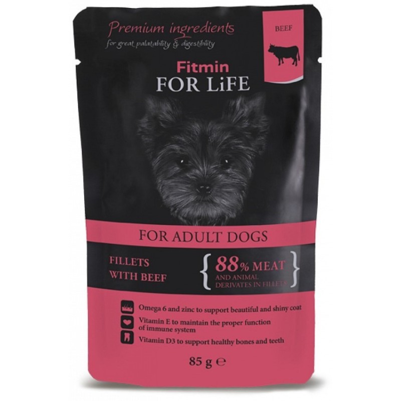 FITMIN For Life Dog Adult Beef 85g - fileciki wołowiny z suszonymi pomidorami w sosie dla psów 85g