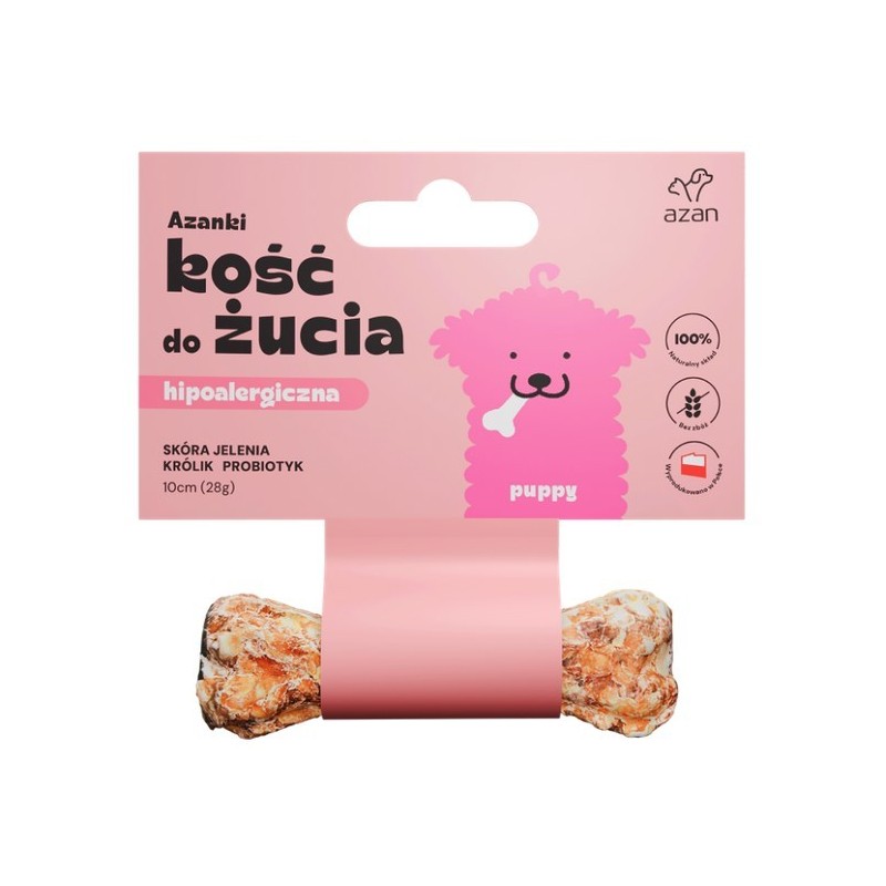 AZANKI Kość hipoalergiczna ze skóry jelenia z królikiem i probiotykiem PUPPY 10 cm