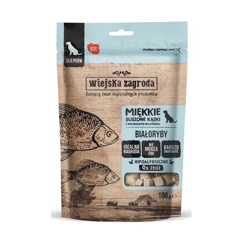 WIEJSKA ZAGRODA PIES Przysmaki Suszone Kąski Białoryby 100g