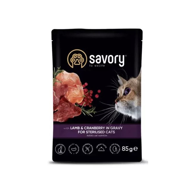 SAVORY Cat Adult Sterilised Lamb and Cranberry 85g (saszetka)