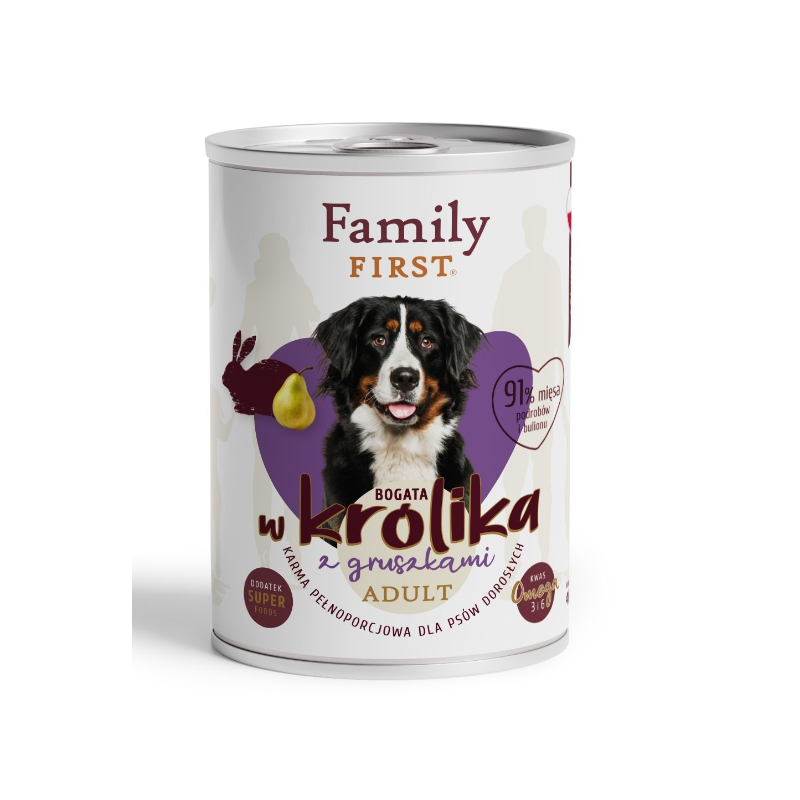 FAMILY FIRST Puszka dla psa Bogata w królika z gruszkami 400g