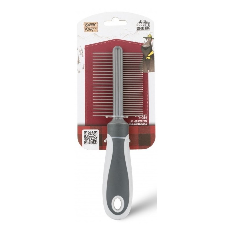 BARRY KING Grzebień dla zwierząt z rączką dwustronny 6,4 x 22 cm - szary