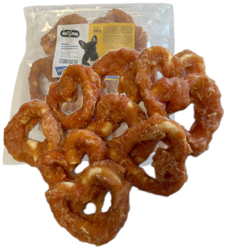 HAU MIAU Pause snack - serca ze skóry owinięte kurczakiem 7-8cm 500g