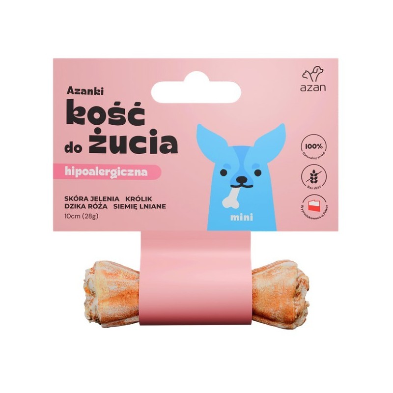 AZANKI Kość hipoalergiczna ze skóry jelenia z królikiem, dziką różą i siemieniem lnianym MINI 10 cm