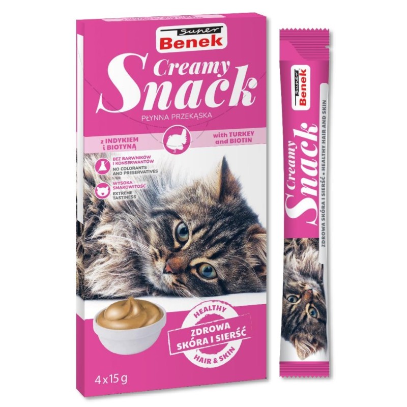 SUPER BENEK Creamy Snack - płynna przekąska dla kotów z indykiem i biotyną 4x 15g