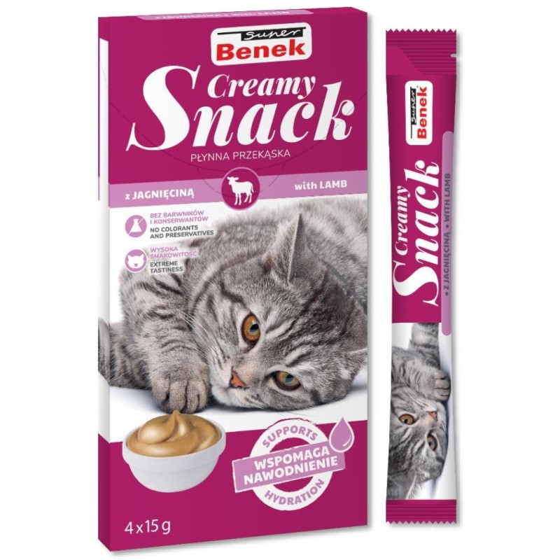 SUPER BENEK Creamy Snack - płynna przekąska dla kotów z jagnięciną 4x 15g