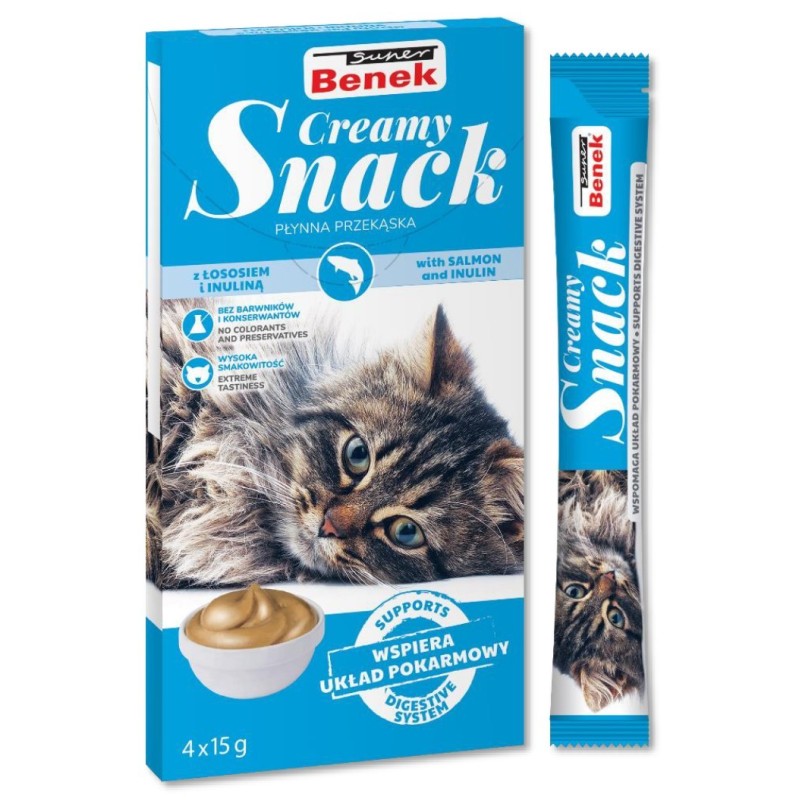 SUPER BENEK Creamy Snack - płynna przekąska dla kotów z łososiem i inuliną 4x 15g