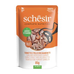 SCHESIR karma mokra dla kotów tuńczyk z kurczakiem i krewetkami w galarecie 85g (saszetka)