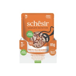 SCHESIR karma mokra dla kotów tuńczyk z kurczakiem i krewetkami w galarecie 85g (saszetka)