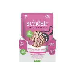 SCHESIR karma mokra dla kotów tuńczyk z kurczakiem i szynką w galarecie 85g (saszetka)