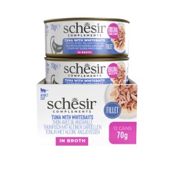 SCHESIR Complements karma mokra dla kotów tuńczyk ze szprotami w bulionie 70g (puszka)