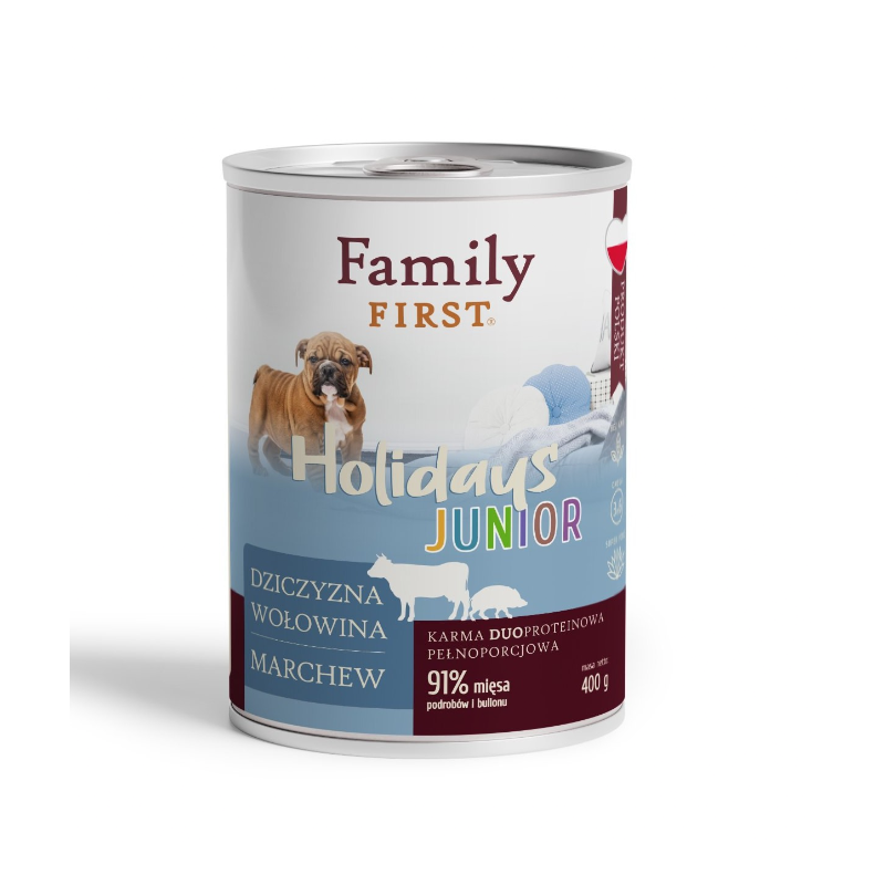 FAMILY FIRST HOLIDAYS Puszka dla psa Dziczyzna/wołowina/marchew 400g
