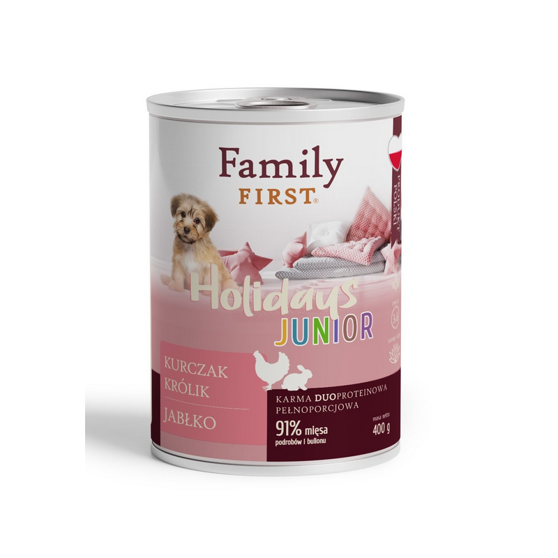 FAMILY FIRST HOLIDAYS Puszka dla psa Kurczak/królik/jabłko 400g