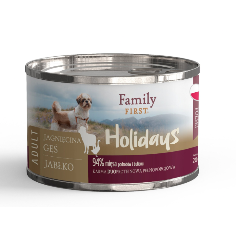 FAMILY FIRST HOLIDAYS Puszka dla psa Jagnięcina/gęś/jabłko 200g