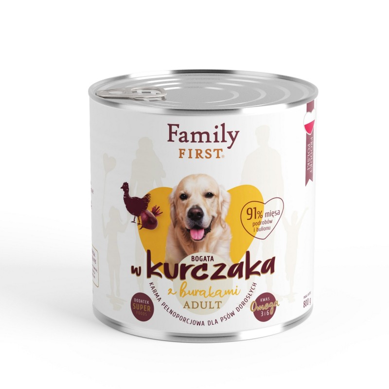 FAMILY FIRST Puszka dla psa Bogata w kurczaka z burakami 800g