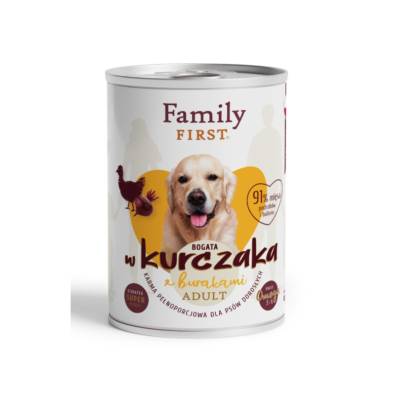 FAMILY FIRST Puszka dla psa Bogata w kurczaka z burakami 400g