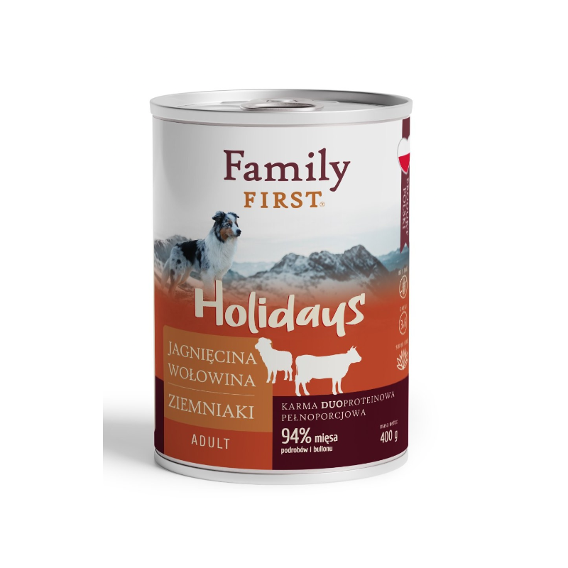 FAMILY FIRST HOLIDAYS Puszka dla psa Jagnięcina/wołowina/ziemniaki 400g