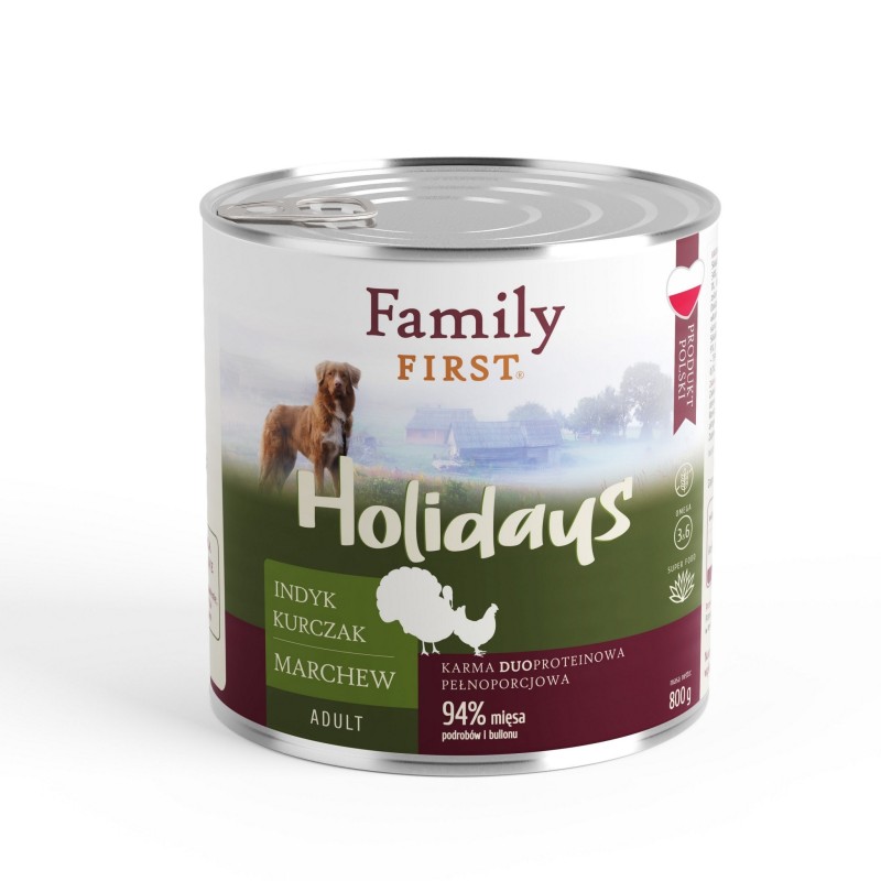 FAMILY FIRST HOLIDAYS Puszka dla psa Indyk/kurczak/marchew 800g